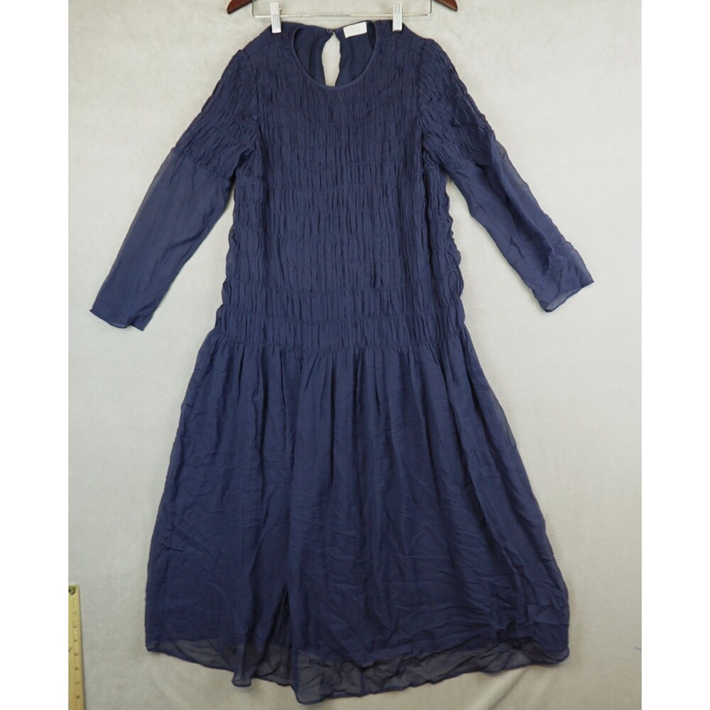 AYR Dress Smocked Silk Blend Crinkled Long Sleeves Drop Waist Size Small Blue